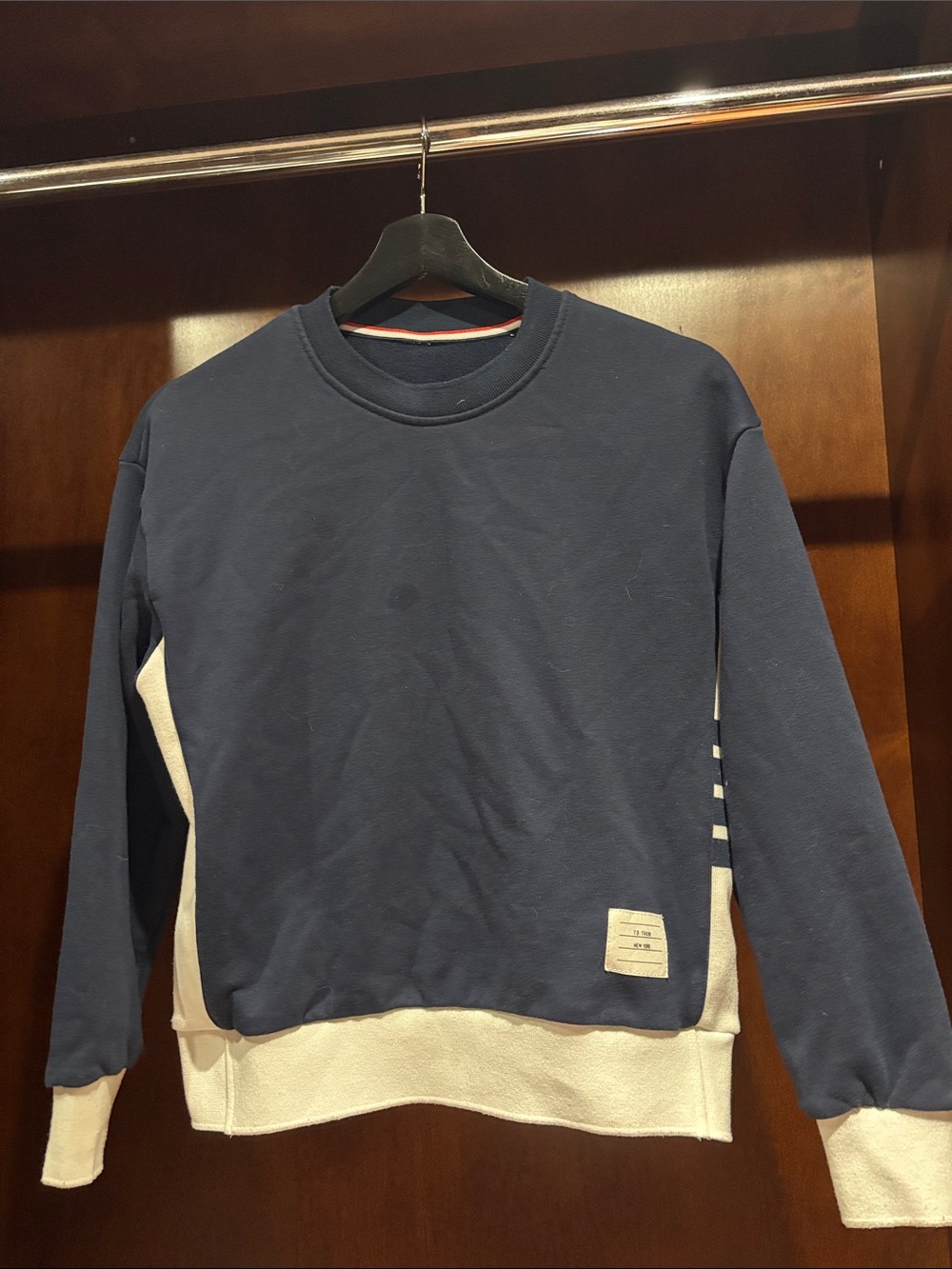 Thom Browne Navy and Cream Crewneck Sweatshirt